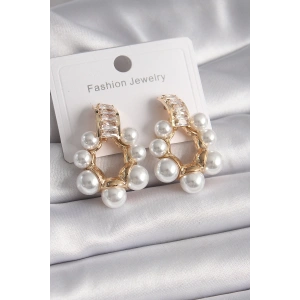 Pirinç Gold Renk Zirkon Taşlı Su Yolu İncili Halka Model Kadın Küpe