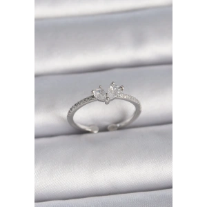 Pirinç Gümüş Renk Ayaralanabilir Zirkon Taşlı Kalp Model Kadın Yüzük