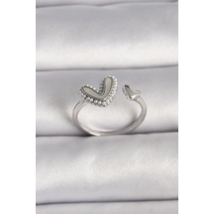 Pirinç Gümüş Renk Beyaz Mineli İnci Detaylı Kalp Model Ayarlanabilir Yüzük