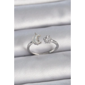 Pirinç Gümüş Renk İncili Hilal Zirkon Taşlı Yıldız Ayarlanabilir Kadın Yüzük