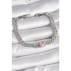 Pirinç Gümüş Renk Pembe Kare Zirkon Taşlı VIP Seri Kadın Bileklik