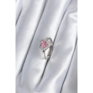 Pirinç Gümüş Renk Pembe Zirkon Taşlı Charm Model Kadın Yüzük