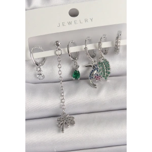 Pirinç Gümüş Renk Sallantı Zirkon Taşlı Ağaç Figür Çoklu Kadın Küpe Seti