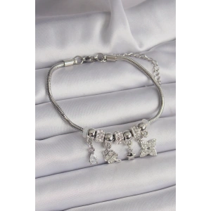 Pirinç Gümüş Renk Zincir Sallantı Zirkon Taşlı Yonca Figür Charm Bileklik