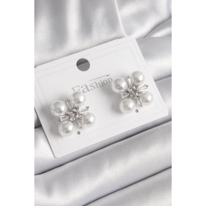 Pirinç Gümüş Renk Zirkon Taşlı İncili Kadın Küpe