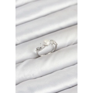 Pirinç Gümüş Renk Zirkon Taşlı İncili Model Kadın Yüzük