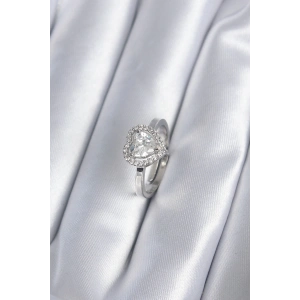 Pirinç Gümüş Renk Zirkon Taşlı Kalp Charm Model Kadın Yüzük