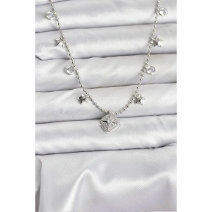 Pirinç Gümüş Renk Zirkon Taşlı Kutup Yıldızı Model Kadın Kolye