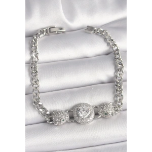 Pirinç Gümüş Renk Zirkon Taşlı Leopar Figür Zincir Model Kadın Bileklik