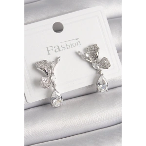 Pirinç Gümüş Renk Zirkon Taşlı Turna Kuşu Model Sallantı Detay Kadın Küpe