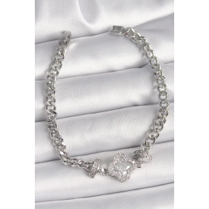 Pirinç Gümüş Renk Zirkon Taşlı Yonca Figür Zincir Model Kadın Bileklik