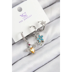 Pirinç Zirkon Taşlı 3lü Arı Ve Çiçek Model Gümüş Renk Kadın Küpe