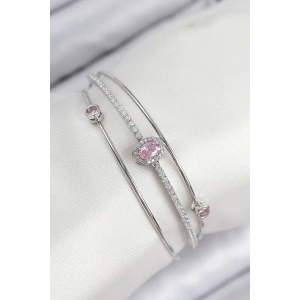 Pirinç Zirkon Taşlı Baget Model Gümüş Renk Kadın Bileklik