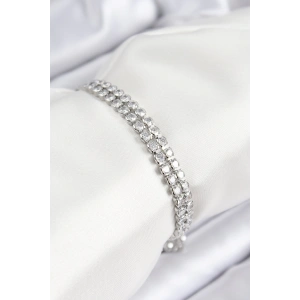 Pirinç Zirkon Taşlı Çift Sıra Model Gümüş Renk Asansörlü Kadın Bileklik