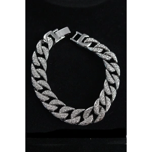 Pirinç Zirkon Taşlı Cuba Gurmet Model Gümüş Renk Erkek Bileklik