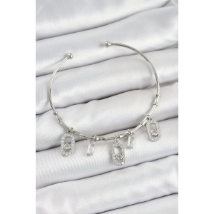 Pirinç Zirkon Taşlı Dikdörtgen Model Gümüş Renk Charm Bileklik