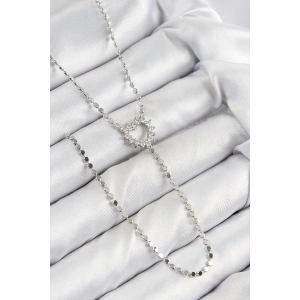 Pirinç Zirkon Taşlı Ezme Zincirli Kalp Model Gümüş Renk Y Kolye