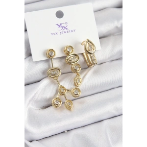 Pirinç Zİrkon Taşlı Geometrik Model Gold Renk 3lü Kadın Küpe