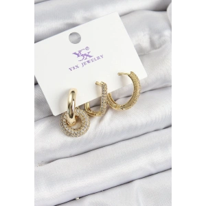 Pirinç Zİrkon Taşlı Halka Model Gold Renk 3lü Kadın Küpe