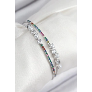 Pirinç Zirkon Taşlı İnci Model Gümüş Renk Kadın Bileklik