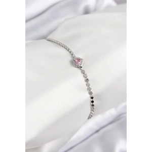Pirinç Zirkon Taşlı Kalp Model Ezme Zincir Gümüş Renk Kadın Bileklik