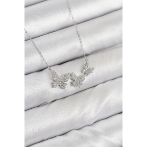 Pirinç Zirkon Taşlı Kelebek Model Gümüş Renk Kadın Kolye