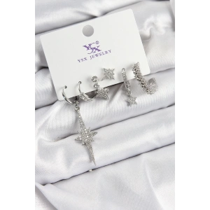 Pirinç Zİrkon Taşlı Kutup Yıldızı Model Gümüş Renk 3lü Çift Kadın Küpe