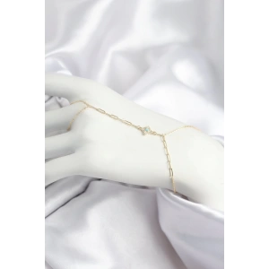 Pirinç Zirkon Taşlı Mavi Boncuklu Yonca Model Gold Renk Şahmeran