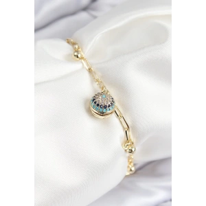 Pirinç Zirkon Taşlı Nazar Boncuğu Model Gold Renk Kadın Bileklik