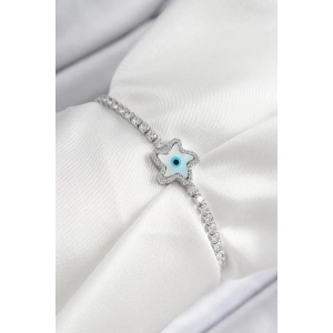 Pirinç Zirkon Taşlı Nazar Yıldız Model Gümüş Renk Asansörlü Kadın Bileklik