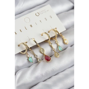 Pirinç Zirkon Taşlı Sallantılı Model Gold Renk 6lı Küpe Set