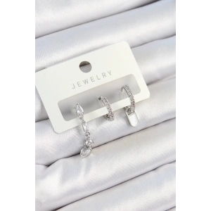 Pirinç Zirkon Taşlı Sallantılı Model Gümüş Renk 3lü Çift Kadın Küpe Set