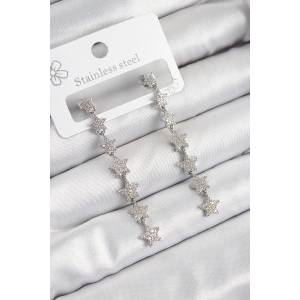 Pirinç Zirkon Taşlı Sallantılı Yıldız Model Gümüş Renk Kadın Küpe