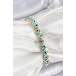 Pirinç Zirkon Taşlı Turkuaz Nazar Model Gold Renk Lastikli Kadın Bileklik