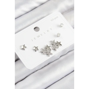 Pirinç Zirkon Taşlı Yıldız Model Gümüş Renk 925 Ayar Gümüş Çivi Kadın Küpe Set