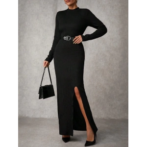 Yırtmaçlı jakarlı uzun elbise siyah A3793