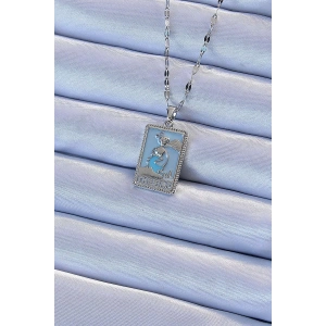 316l Çelik Zincir Gümüş Renk Mavi Mineli Tarot Kolye