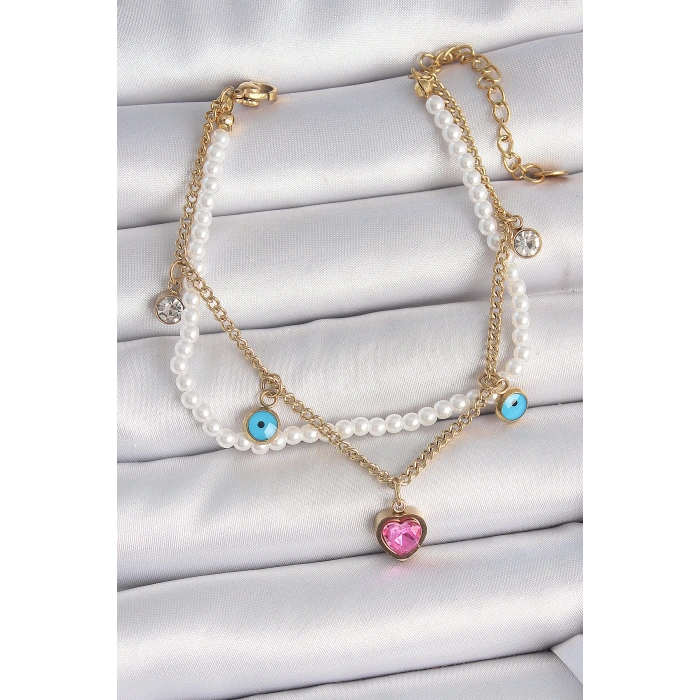 316L Çelik Gold Renk 2Li İncili Zincir Sallantı Pembe Kalp Model Nazar Boncuk Detay Kadın Bileklik