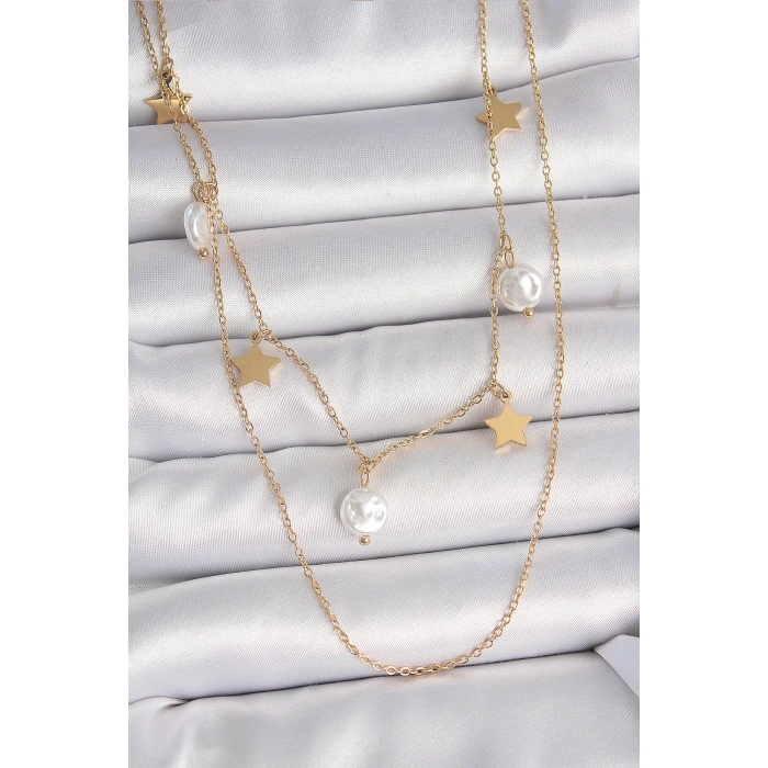 316l Çelik Gold Renk 2li Zincir Sallantı Yıldız İnci Model Kadın Kolye