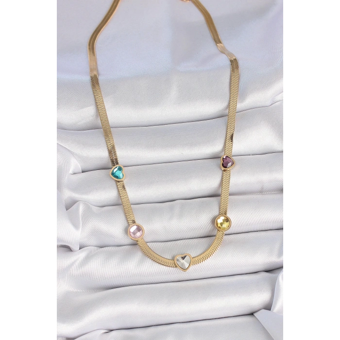 316l Çelik Gold Renk İtalyan Zincir Renkli Zirkon Taşlı Kalp Figür Kadın Kolye