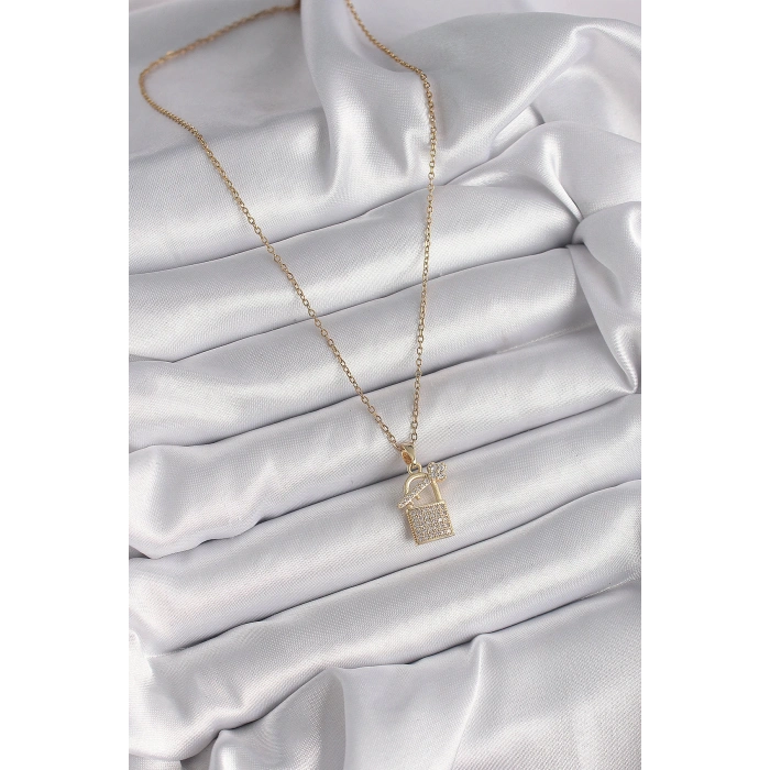 316l Çelik Gold Renk Zincir Zirkon Taşlı Asma Kilit Anahtar Model Kadın Kolye