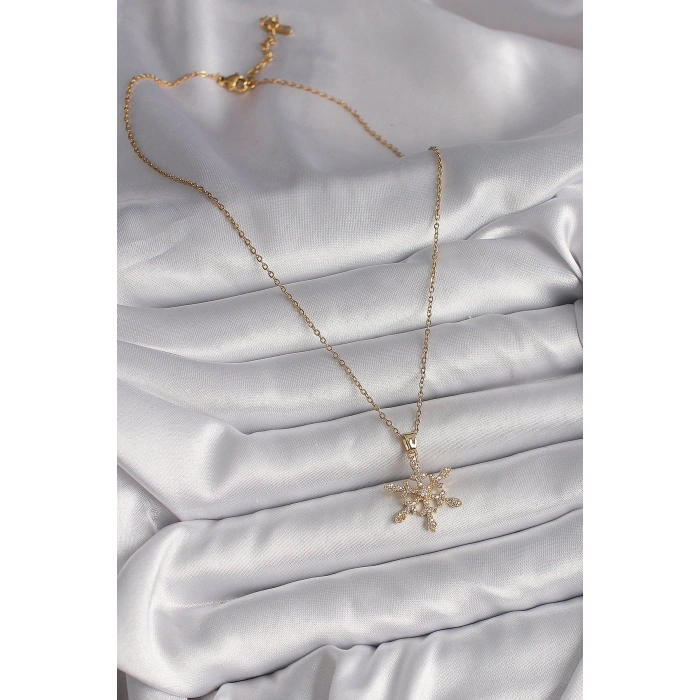 316L Çelik Gold Renk Zincir Zirkon Taşlı Kar Tanesi Model Kadın Kolye