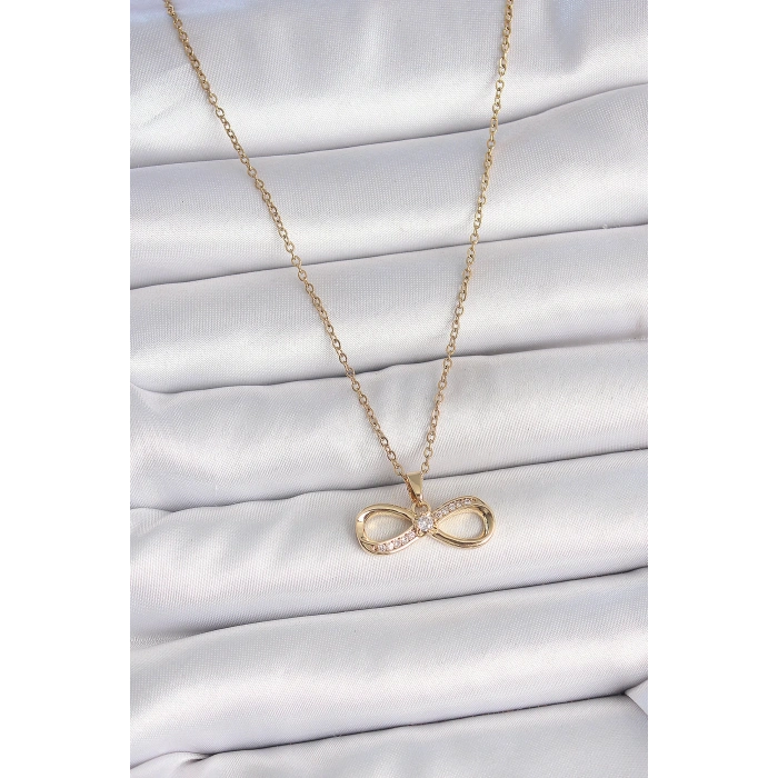 316L Çelik Gold Renk Zincir Zirkon Taşlı Sonsuzluk Model Kadın Kolye