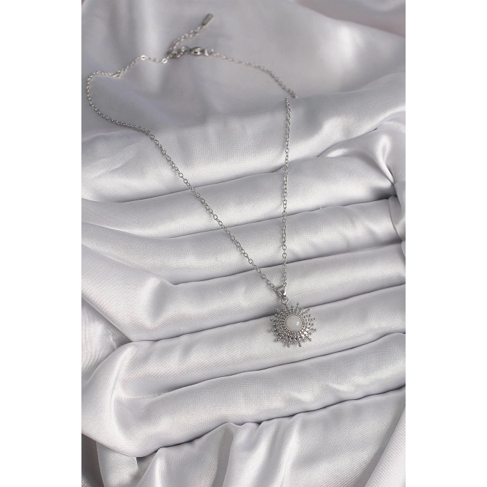 316l Çelik Gümüş Renk Zincir Beyaz Mineli Güneş Model Kadın Kolye