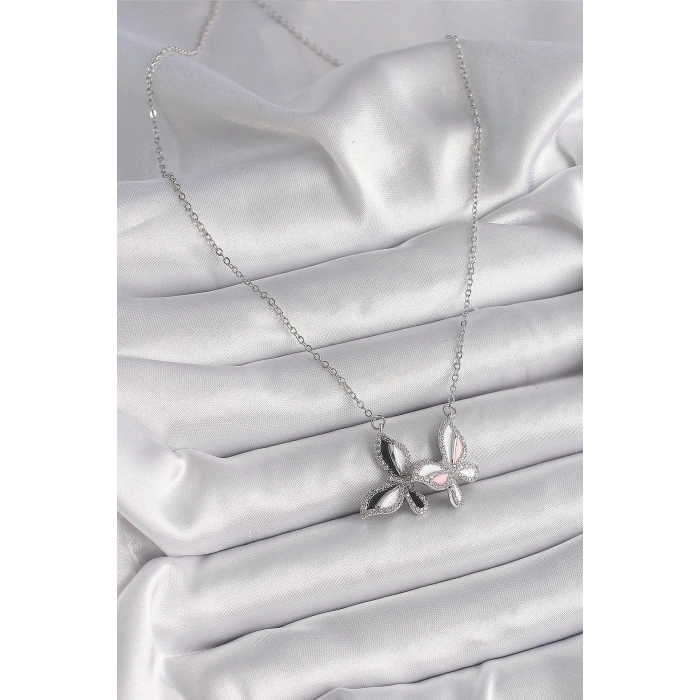 316l Çelik Gümüş Renk Zincir Zirkon Taşlı Renkli Kelebek Model Kadın Kolye
