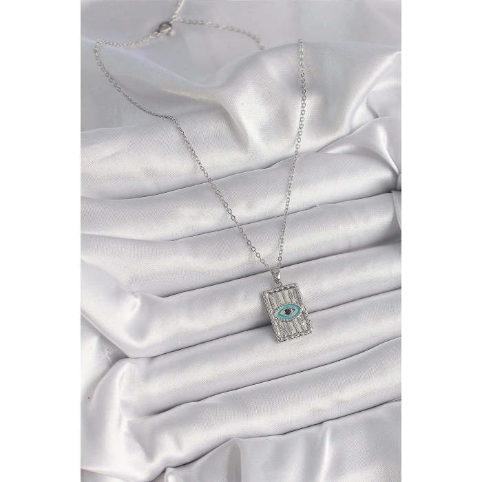 316L Çelik Gümüş Renk Zirkon Taşlı Göz İşleme Detaylı Plaka Model Kadın Kolye