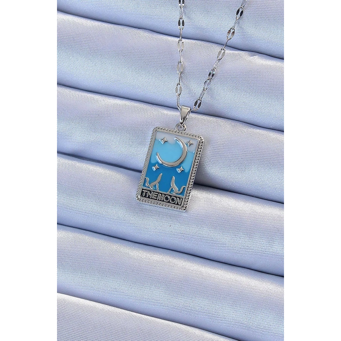 316l Çelik Zincir Gümüş Renk Mavi Mineli Ay Figür Tarot Kolye