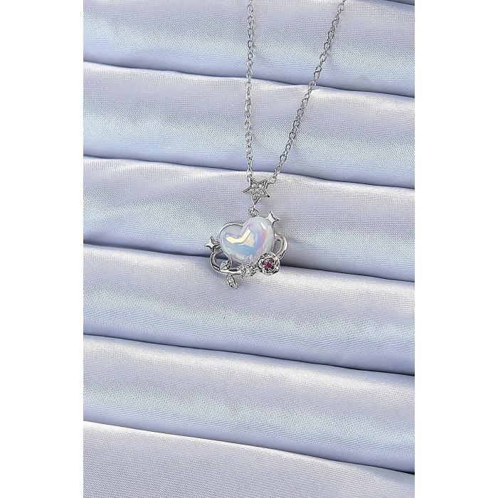 316l Çelik Zincir Gümüş Renk Zirkon Taşlı Gezegen Görünümlü Kalp Kolye