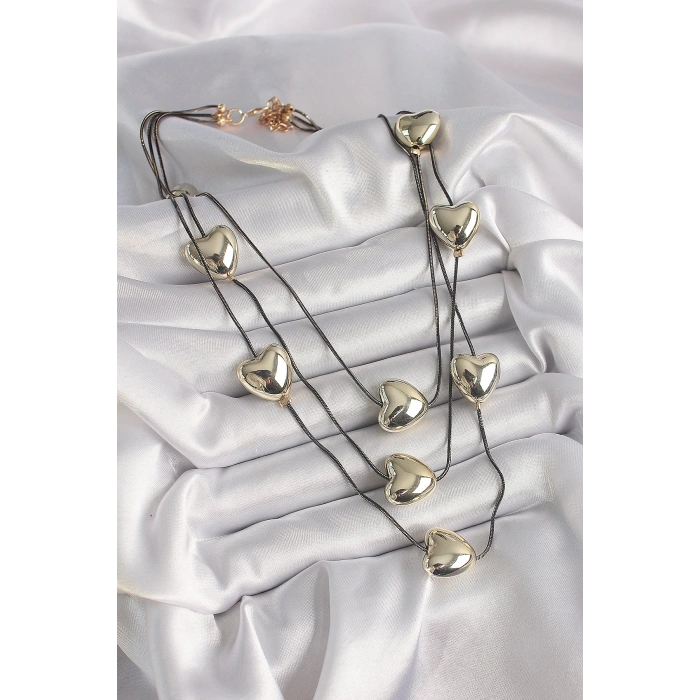Pirinç Füme Renk Zincir 3D Gold Renk Kalp Model Kadın Kolye