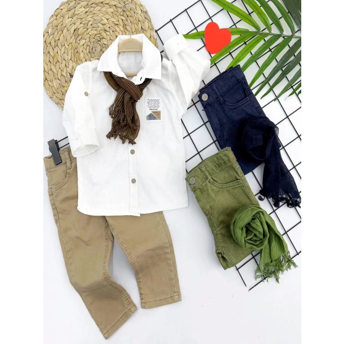 9-12-18-24 Ay Ve 3-4-5 Yaş Fularlı Pamuk Keten Gömlekli Pantolonlu 3lü Erkek Bebek Takımı